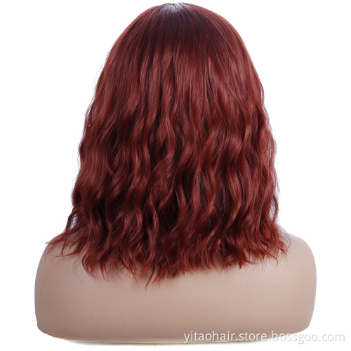 Short Natural Wave Copper red color  Water Wave Synthetic Wig For Women With  Bangs with factory price fiber wig synthetic hair